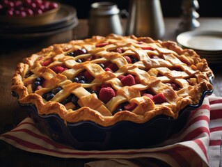 Tastefully composed, an American flag-themed pie cools on a windowsill, blending sweet culinary arts with patriotic fervor. A scent of apples and cinnamon wafts through.