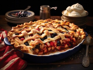 Tastefully composed, an American flag-themed pie cools on a windowsill, blending sweet culinary arts with patriotic fervor. A scent of apples and cinnamon wafts through.