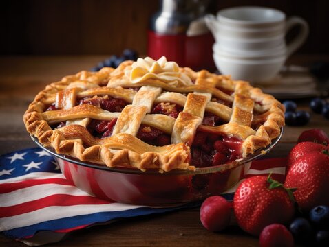 Tastefully composed, an American flag-themed pie cools on a windowsill, blending sweet culinary arts with patriotic fervor. A scent of apples and cinnamon wafts through.