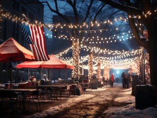 Twinkling lights surround an American flag during a Christmas market, melding festive spirits with national pride. --ar 4:3 --s 250 --v 5.2