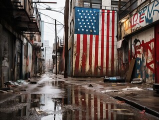An urban alley's grittiness contrasts with the bright and vivid details of an American flag mural,...