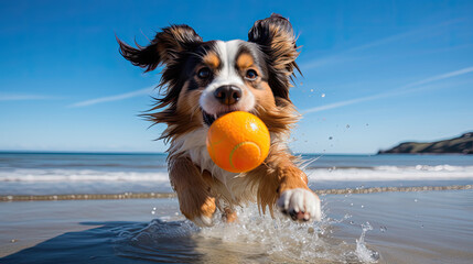 C&atilde;o divertido brinca com bola na praia durante as f&eacute;rias.