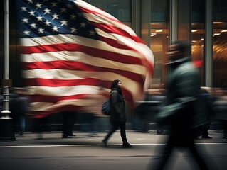 Blurred pedestrians walk past a crisp American flag, symbolizing the transient nature of life juxtaposed with timeless values.