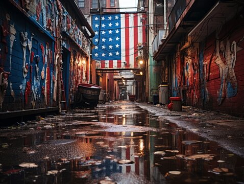 An urban alley's grittiness contrasts with the bright and vivid details of an American flag mural, celebrating resilience amidst adversity.