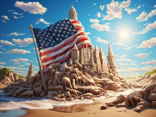 The American flag waves atop a sandcastle on a crowded beach, bringing forth summer memories, shared traditions, and seaside patriotism.