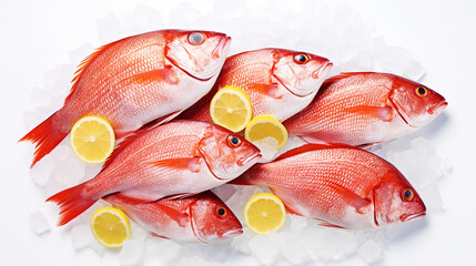 Red snapper fish catch in ice cubes. Seafood background. Generative AI