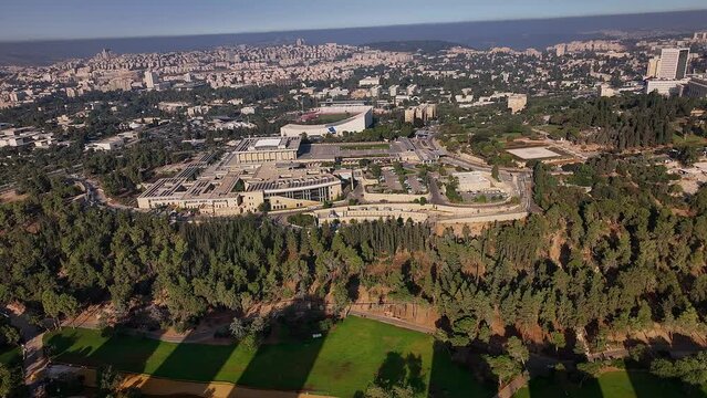 Knesset parliament Israeli government building in Jerusalem, aerial drone view 4k