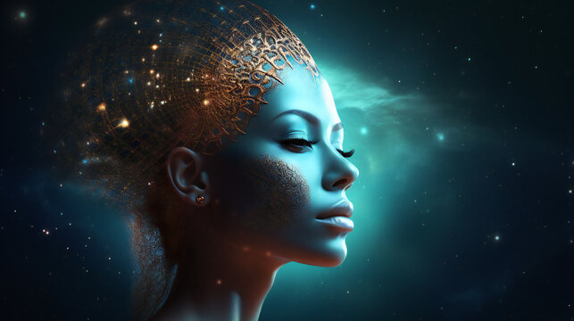 Venusian Starseed portrait with empty copy space on the side. Generative AI. 