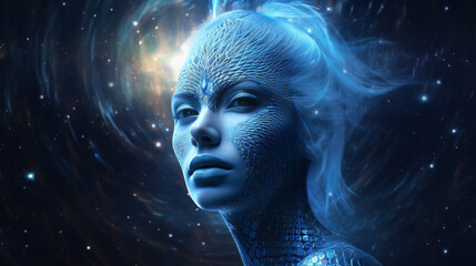 Blue Ray Starseed portrait with empty copy space on the side. Generative AI. 