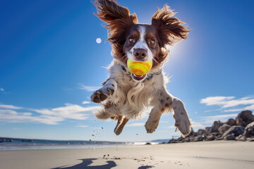 Cão divertido brinca com bola na praia durante as férias.