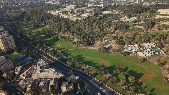 Knesset parliament Israeli government building in Jerusalem, aerial drone view 4k