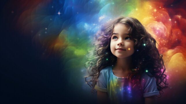 Rainbow child Starseed portrait with empty copy space on the side. Generative AI. 