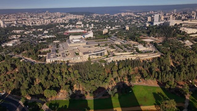 Knesset parliament Israeli government building in Jerusalem, aerial drone view 4k