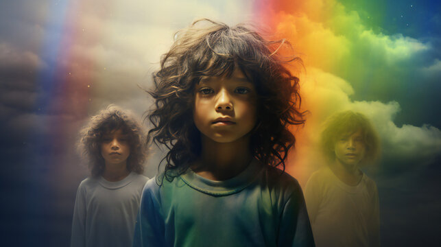 Rainbow childen Starseeds portrait with empty copy space on the side. Generative AI. 