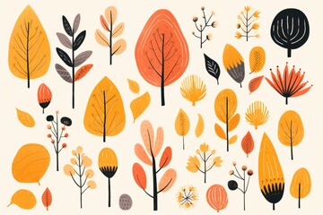 Abstract botanical autumn sketch illustrations set on white background. AI generated