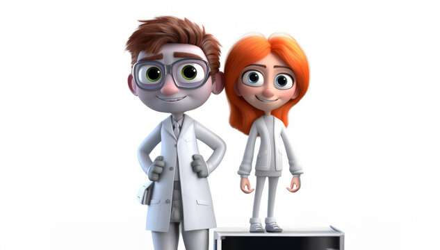 3d childrens characters. 3d cartoon style. Two friends standing and smiling. Android boy, scientist girl. Isolated on white background. Creative writing prompt for school students. Classroom lesson
