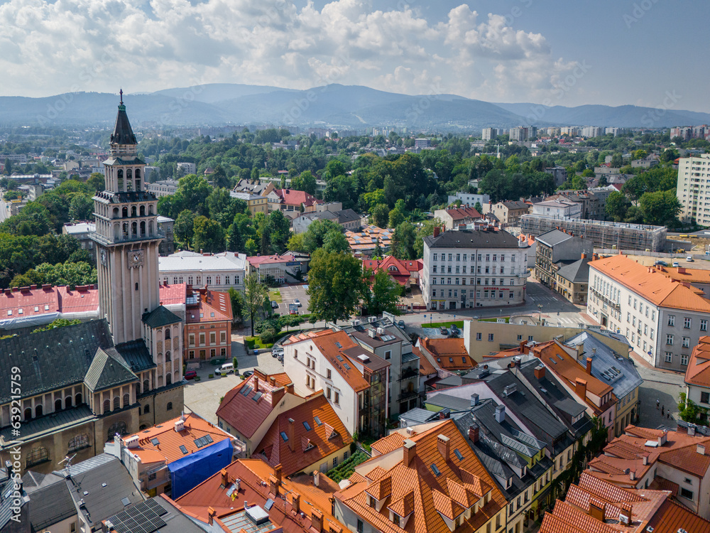 Canvas Prints Aerial view of Bielsko Biala. The Old Town Market Square of Bielsko Biala. Traditional architecture and the surrounding mountains of the Silesian Beskids. Silesian Voivodeship. Poland. 