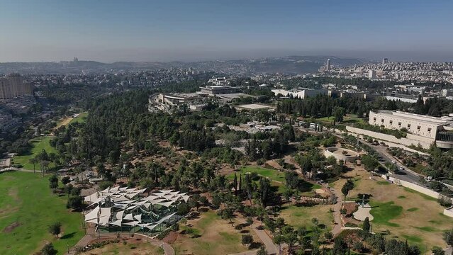 Knesset parliament Israeli government building in Jerusalem, aerial drone view 4k