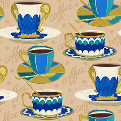 Vector seamless pattern with cups of coffee and lettering on beige background.