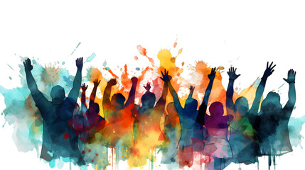 Crowd of people silhouette watercolor illustration isolated on transparent background