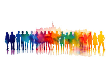 Naklejka premium Crowd of people silhouette watercolor illustration isolated on transparent background