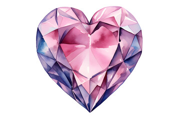Diamond heart shaped gem watercolor illustration isolated on transparent background