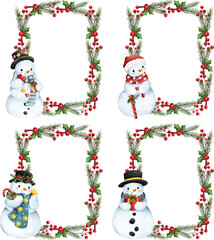 Watercolor illustration Christmas decoration frame with snowman character