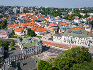 Naklejka premium Aerial view of Bielsko Biala. The Old Town Market Square of Bielsko Biala. Traditional architecture and the surrounding mountains of the Silesian Beskids. Silesian Voivodeship. Poland. 