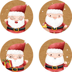 Watercolor illustration set of Christmas sticker with Santa Claus