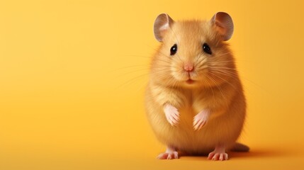 Photo of a hamster standing on its hind legs against a vibrant yellow backdrop