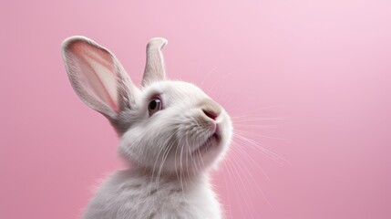 Photo of a cute white rabbit against a vibrant pink background