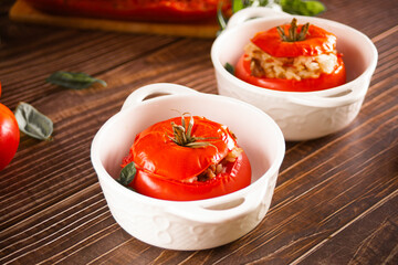 Delicious stuffed tomatoes with minced beef and rice.
