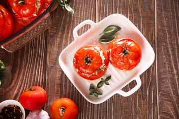 Delicious stuffed tomatoes with minced beef and rice.