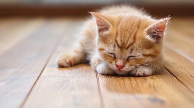 Cute adorable kitten sleeps tight on the floor, top view with space for text, photo realistic, AI generated.