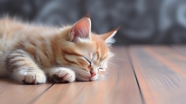 Cute adorable kitten sleeps tight on the floor, top view with space for text, photo realistic, AI generated.