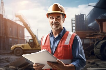Smiling engineer with blueprint at construction site. Photo generative AI