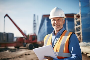 Smiling engineer with blueprint at construction site. Photo generative AI