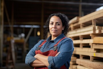 Woman at lumberyard, arms crossed, looking at camera, shelves of lumber in background. Photo generative AI
