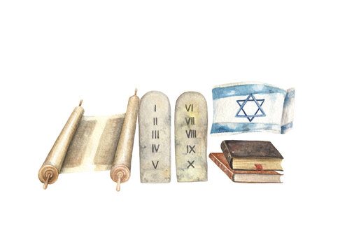watercolor jewish symbols: torah, tablets, flag, books clip art preview