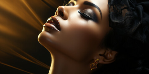 Wunderschönes Frauen Gesicht mit hochwertigem Makeup mit Ansicht von oben als Nahaufnahme für Poster, ai generativ