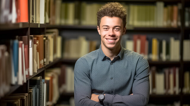Young smiling male student standing with arms crossed, student in university academic library.
