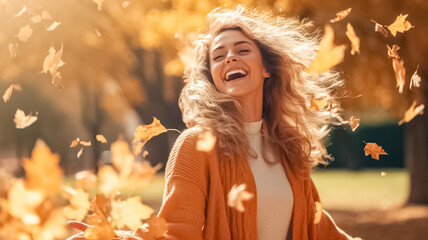 Portrait of beautiful joyful woman enjoy, having fun at the autumn season at park. Fall season fashion.