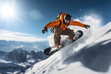 Deurstickers snowboard Rider's Stylish Grab Trick Above Snowy Ramp ai generated art © mihail