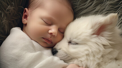 Baby falls asleep with the dog in an environment of peace and love.