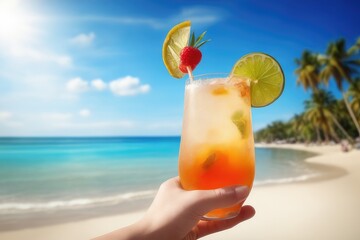 Obraz premium hand holding cocktail on the beach