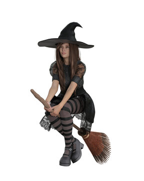Cute witch in black dress and pointed hat riding her broomstick. 3D illustration isolated.