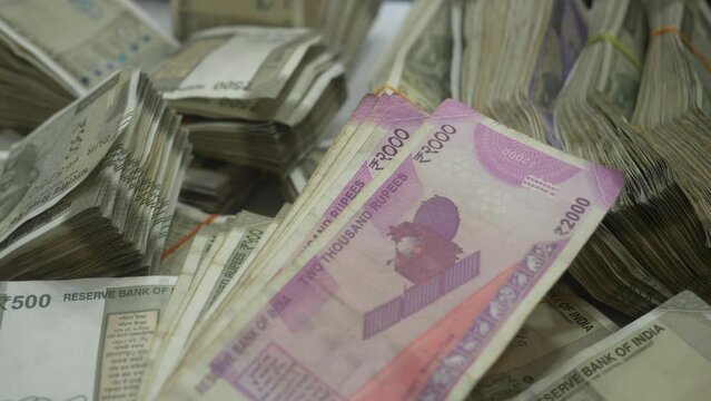 Stack of real Indian banknotes 2000 and 500, Closeup shot