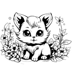 Kids Coloring Pages, Cute Cat with flowers. Coloring Pages, Cat Character Vector Illustration