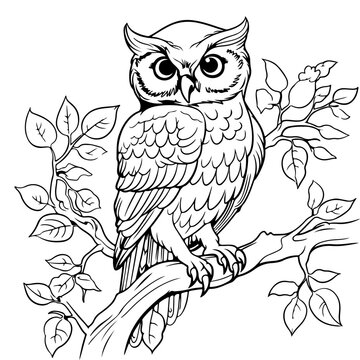 Cute owl cartoon on tree. Coloring book or page