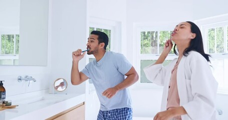 Home, bathroom or couple brushing teeth, dancing or with morning routine, tooth cleaning or dental hygiene treatment. Beauty self care, toothbrush or fun people, dancer and grooming for oral wellness